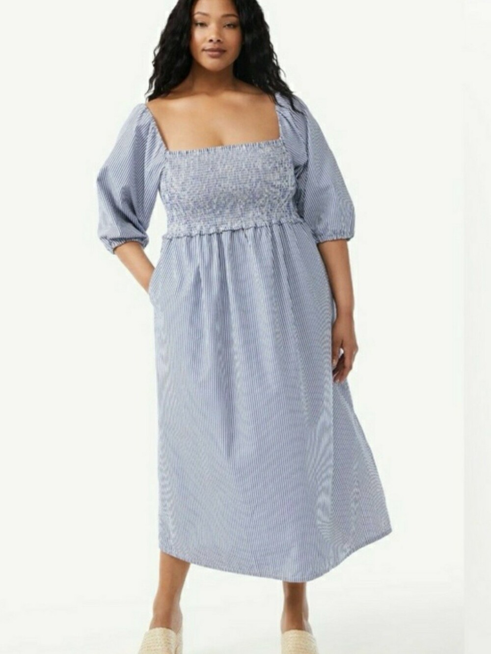Blue Striped Smocked Square-Neck Women's Dress. 3/4 Length Sleeves. Size Medium